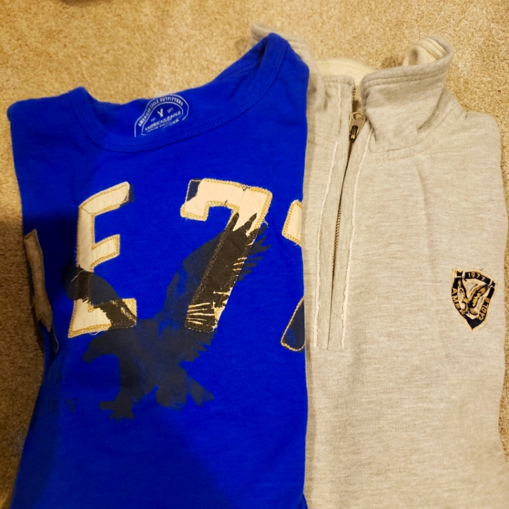 2 for One American Eagle tshirt and 1/4 zip with hoodie pocket in front .
